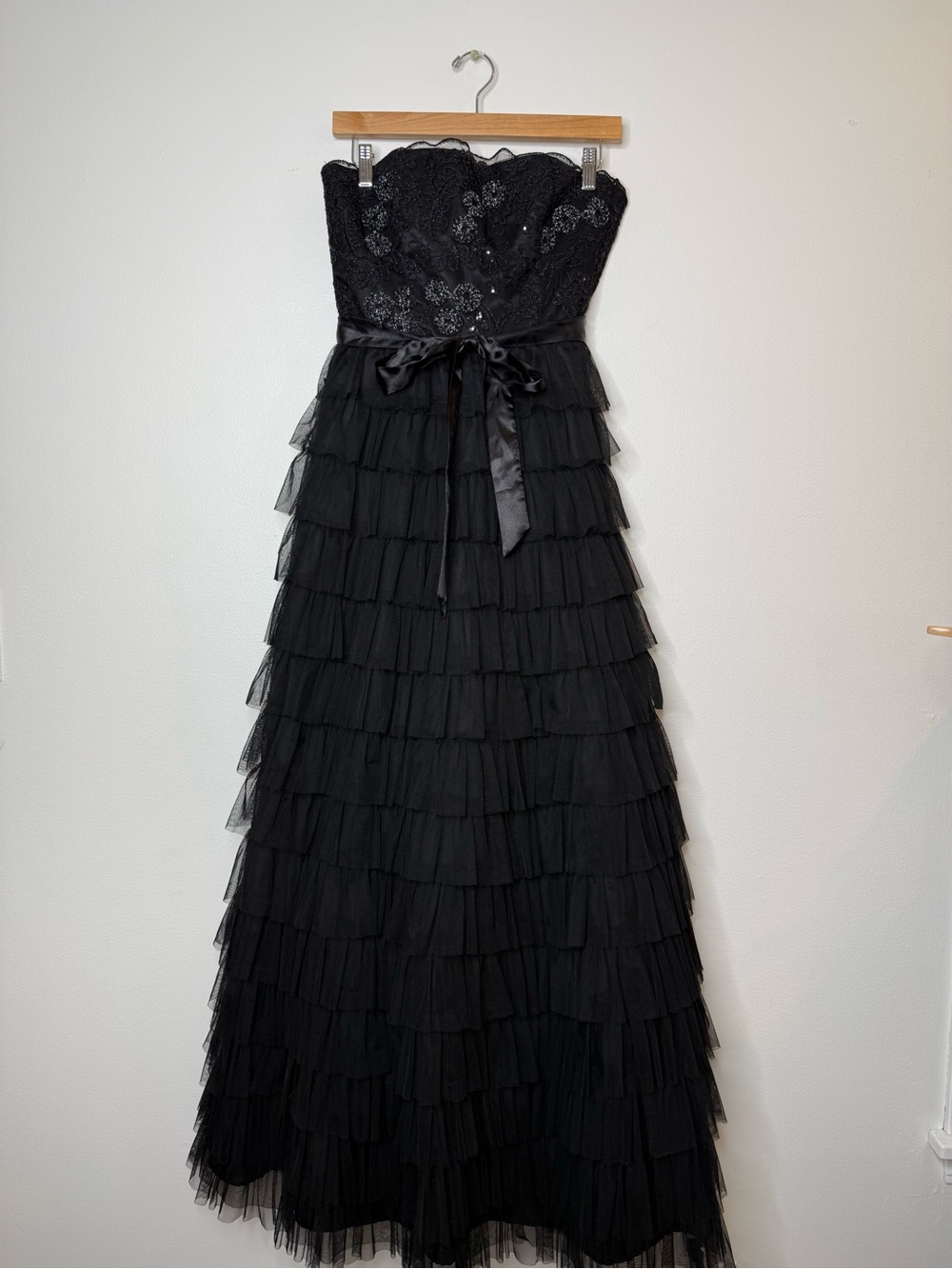 Vintage Black Lace Tulle Ruffle Maxi Dress Dark Romantic Gothic Coquette Gown